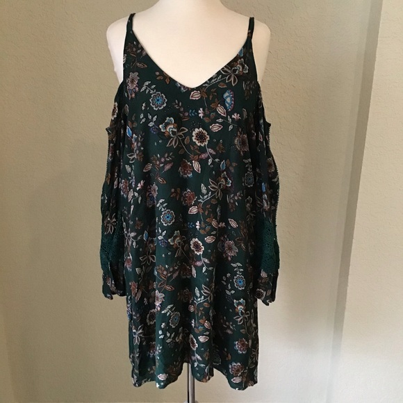 Forest Green Floral Cold Shoulder Mini Dress Size M - Picture 2 of 7
